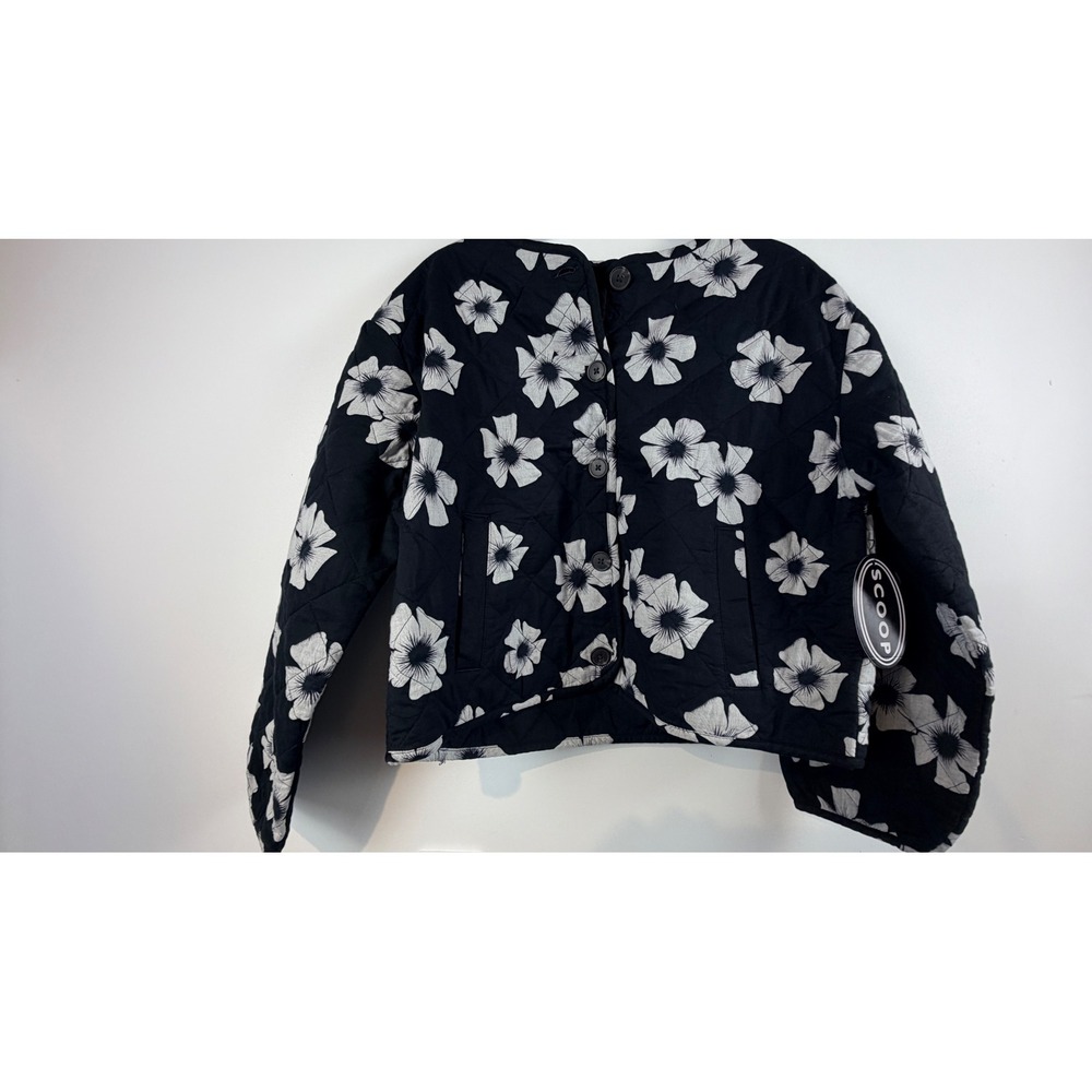 Scoop Womens Quilted Floral Jacket Black White Button‎ Front Lightweight L NWT